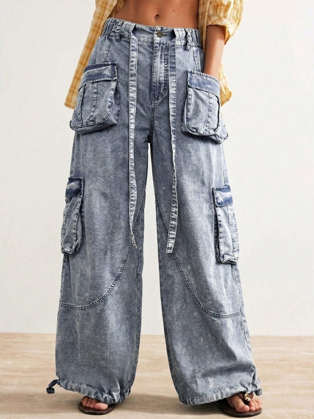 Blue Casual Women's Y2K Woven Relaxed Cuffed Low Waist Long Pants - Picture 6 of 10